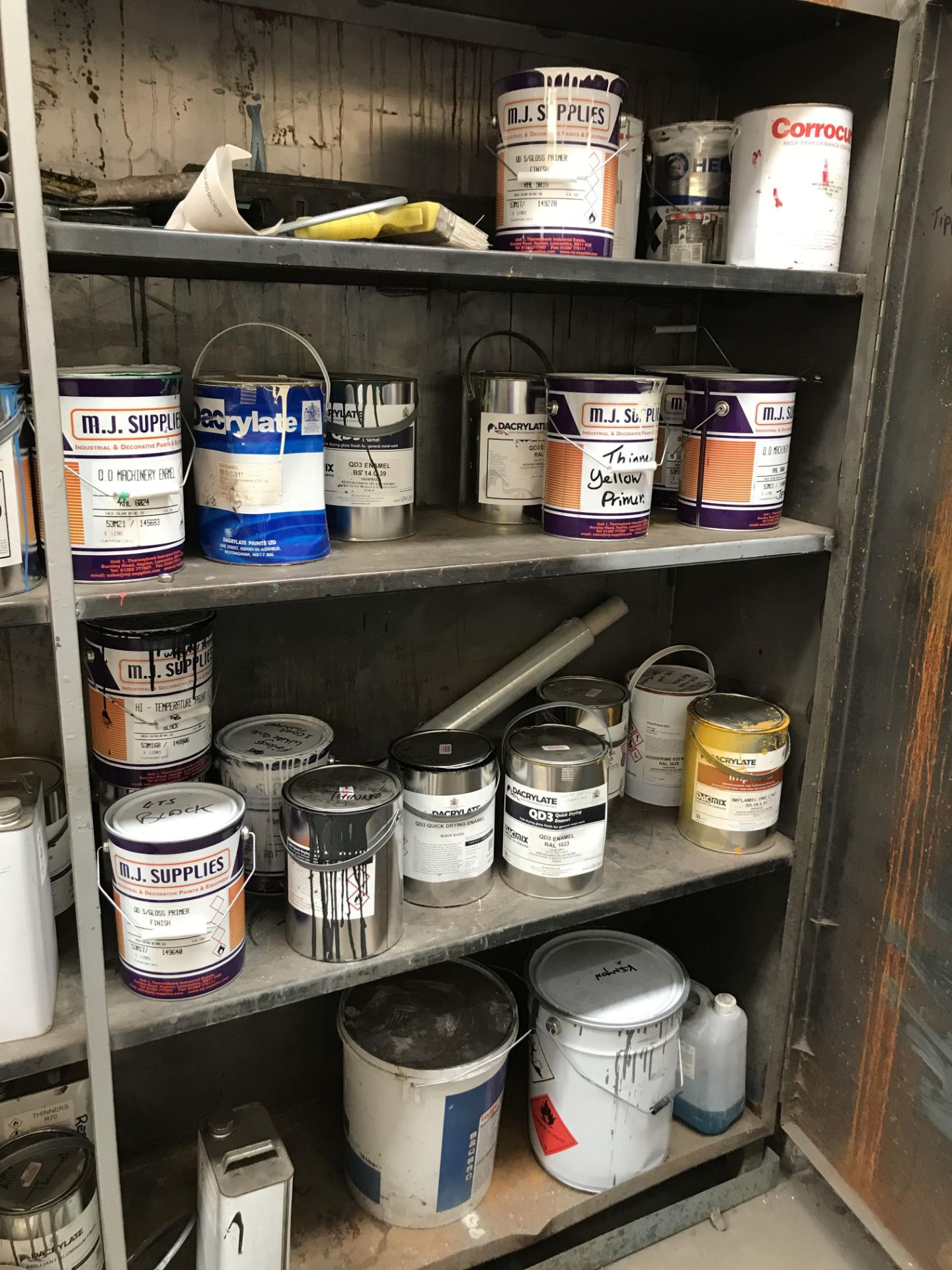 A Quantity of Paints, Primers and Thinners with Heavy Duty Welded Steel Inflammables Cabinet, 96in w - Image 4 of 4