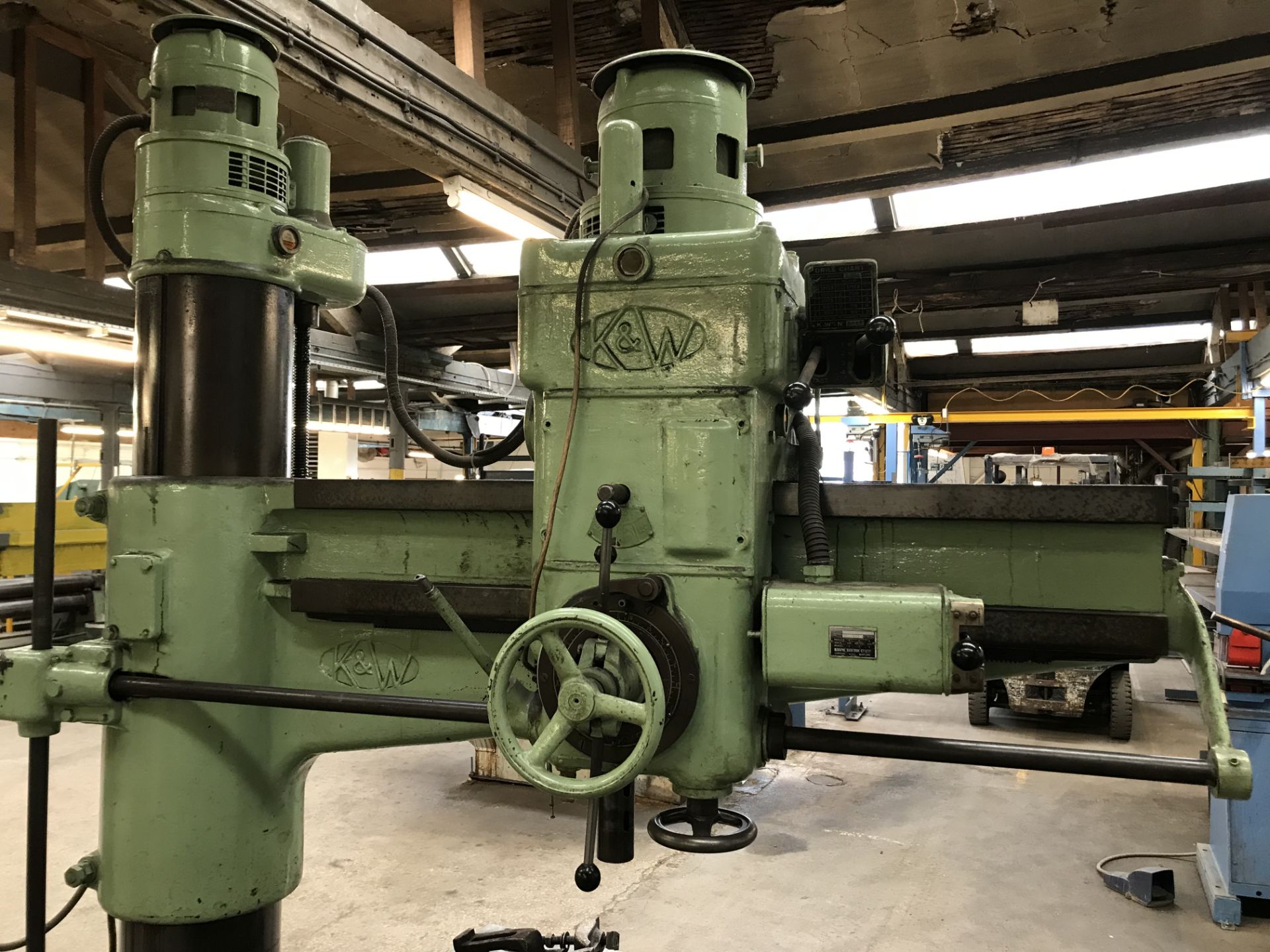 A Kitchen and Wade 48in Radial Arm Drill No.8967, 3 phase with Cast Iron Slotted Box Table, 36in w x - Image 3 of 5