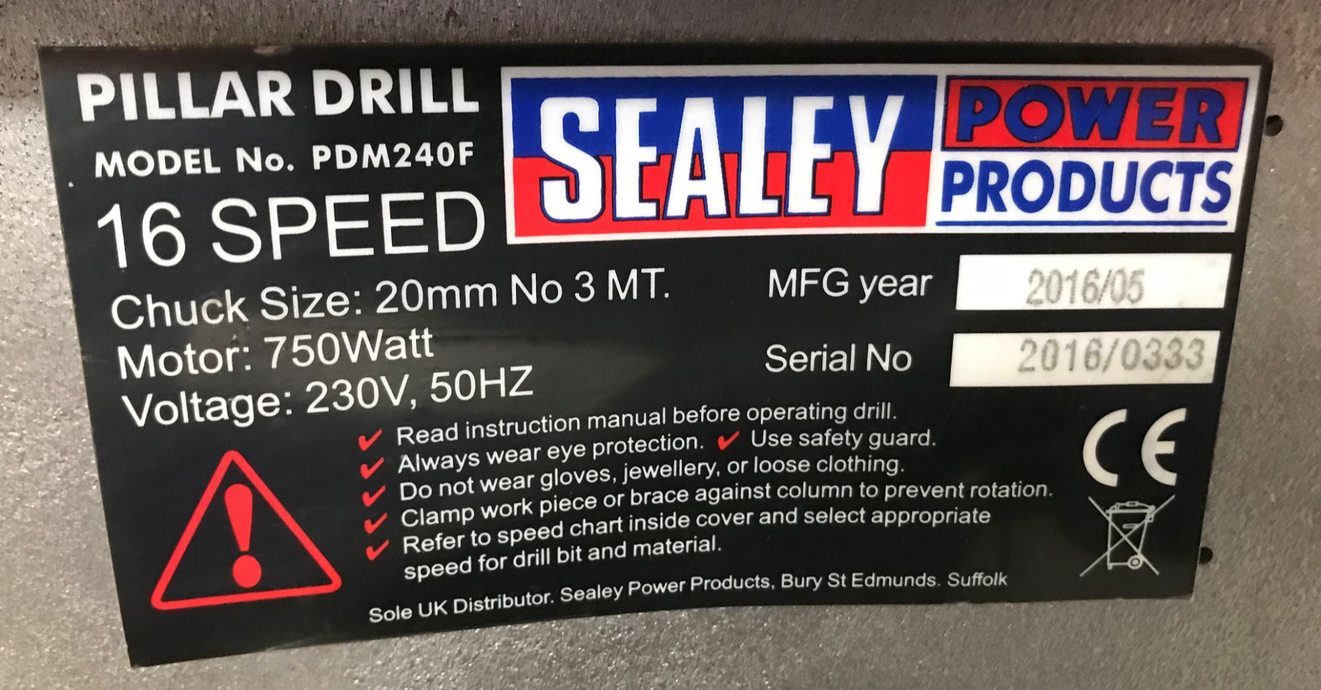 A Sealey Premier PDM240F 16 speed Pillar Drill No.2016/0333 (2016), 20mm, 3MT with rise and fall - Image 3 of 3