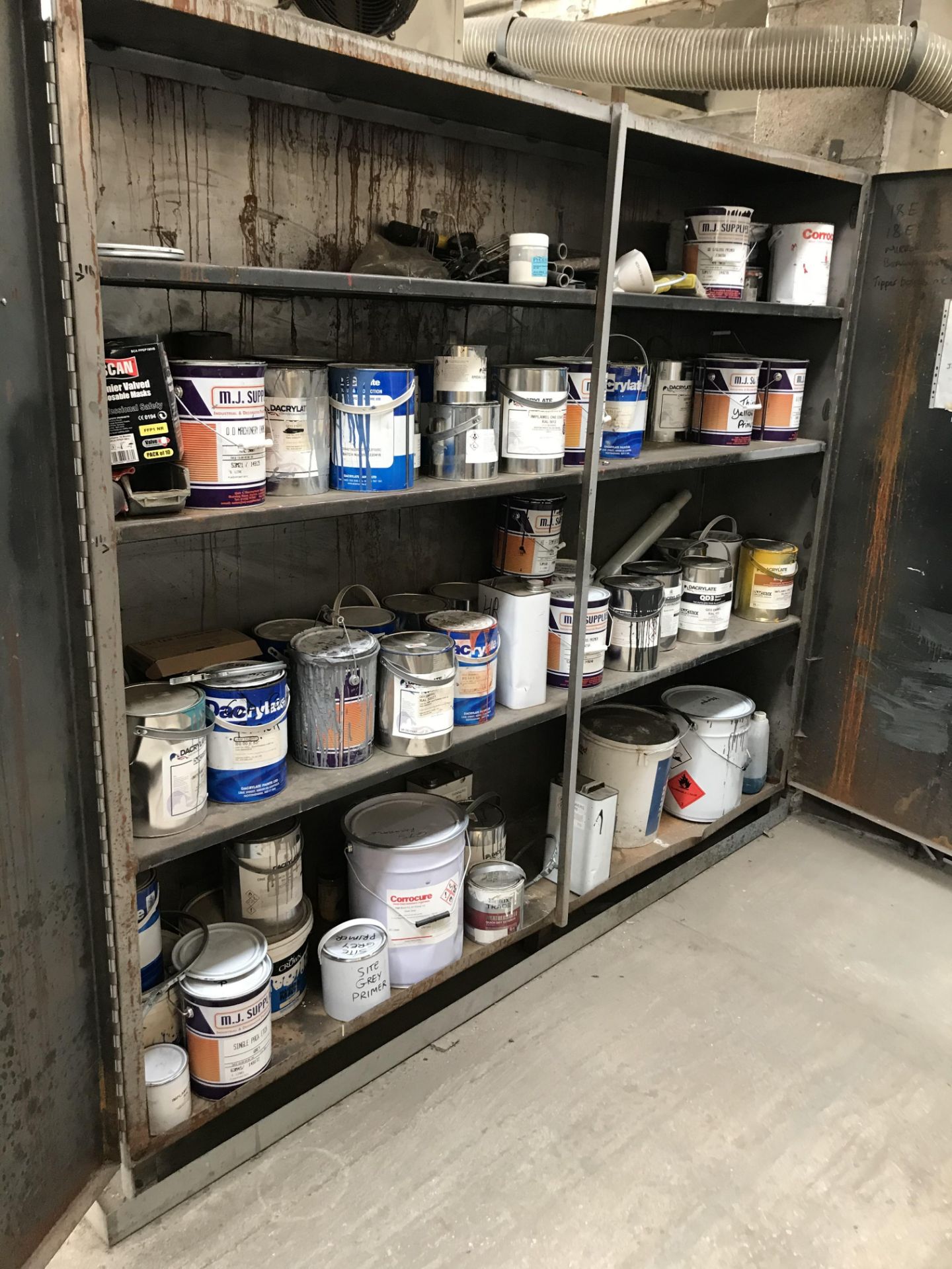 A Quantity of Paints, Primers and Thinners with Heavy Duty Welded Steel Inflammables Cabinet, 96in w - Image 2 of 4