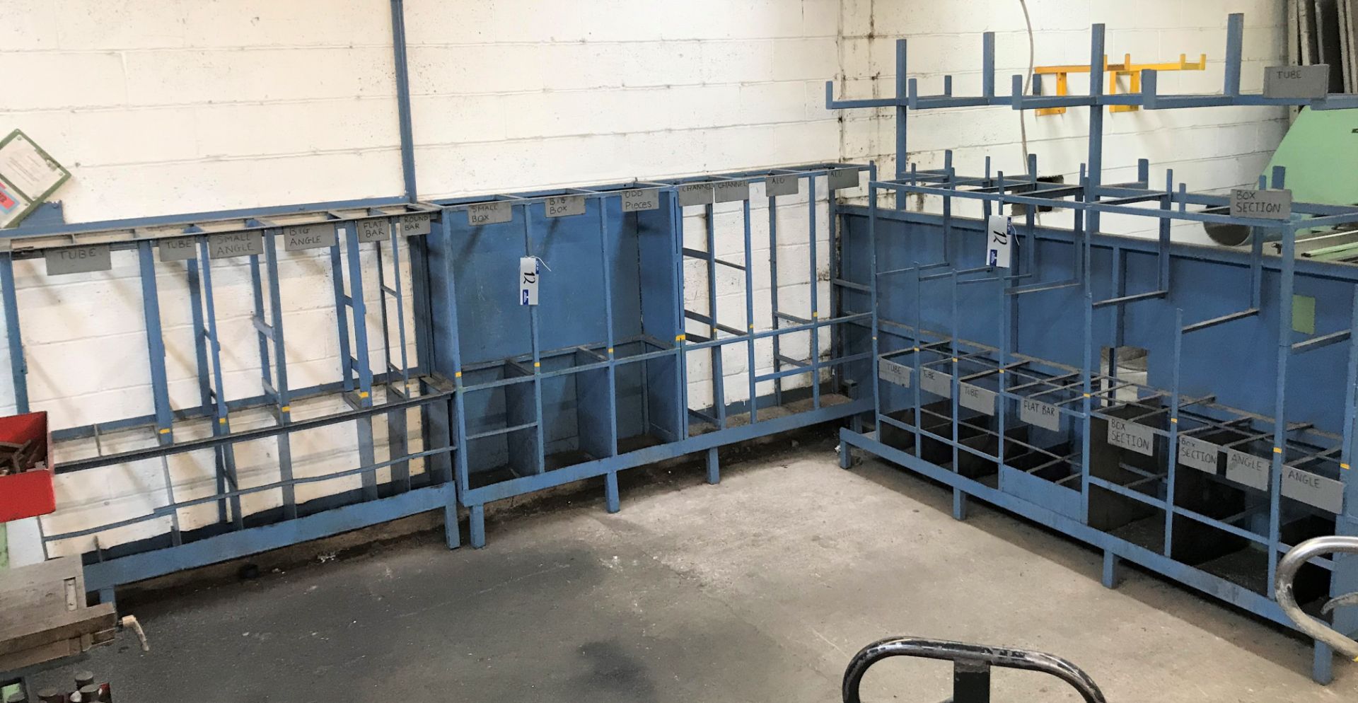 2 Welded Steel Storage Racks: 1-160in w x 15in dp x 63in h, 1-Double Sided 120in w x 33in dp x