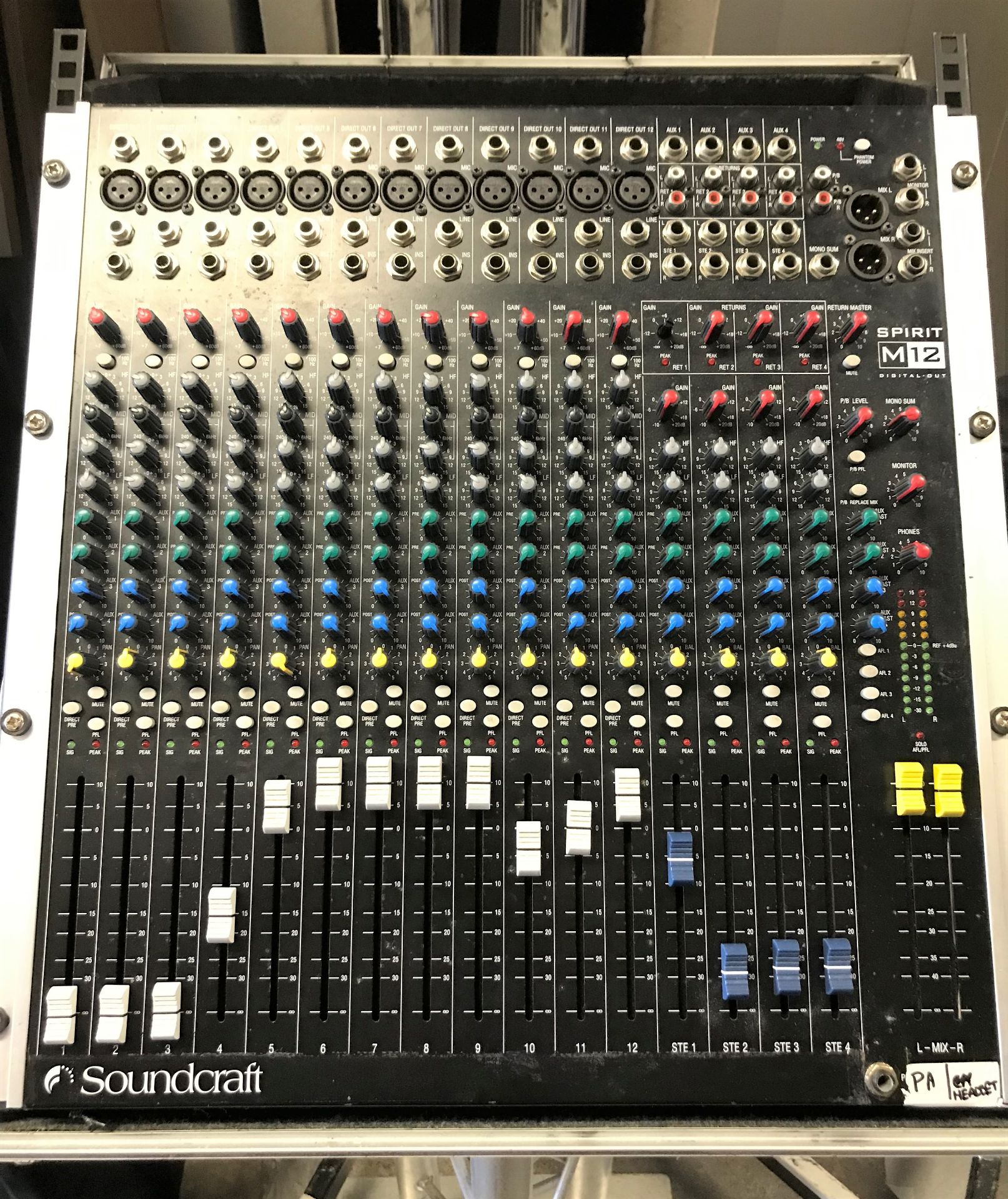 A Soundcraft Spirit M12 12 channel Sound Mixing Desk with Road Ready Flight Case, 530mm x 640mm x