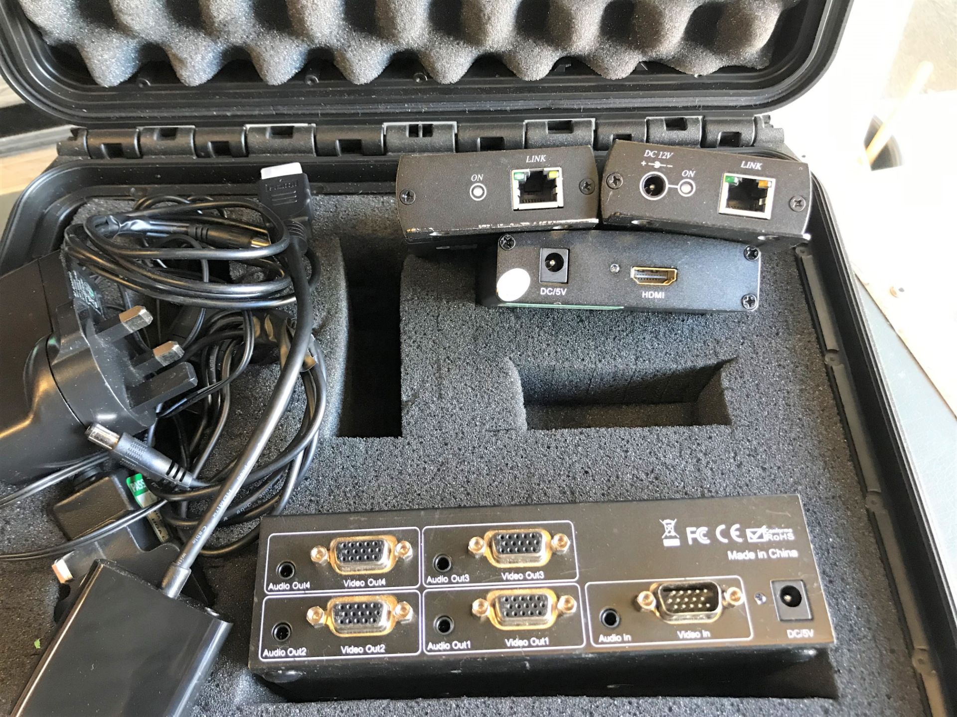 A VGA 1x4 Splitter and PSU with Audio; HDMI-VGA and PSU; VGA-CAT5 and PSU in carry case (located - Image 2 of 2