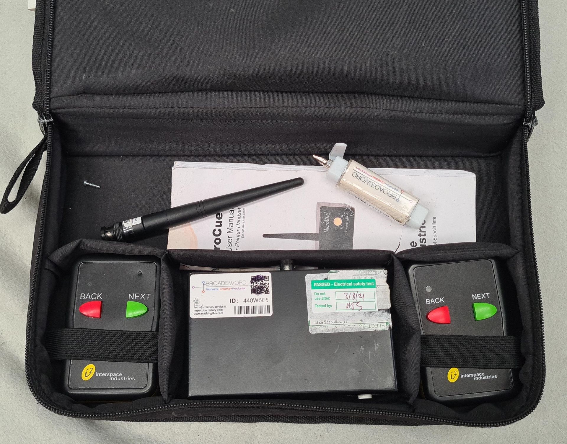 An Interspace Industries MicroCue2 Presenter Control with Interspace soft bag, 2 wireless