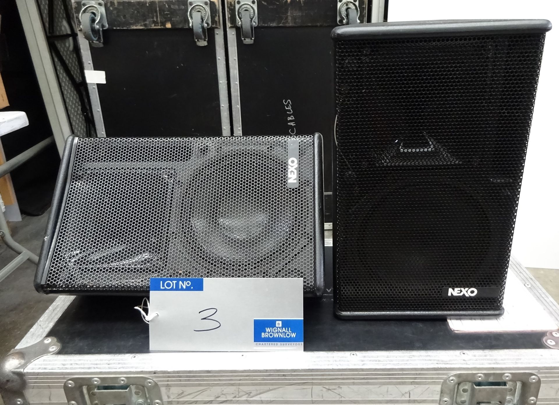 A Pair of Black Nexo PS8 Full Range Loudspeakers with BSG mobile flight case, 400mm x 750mm x