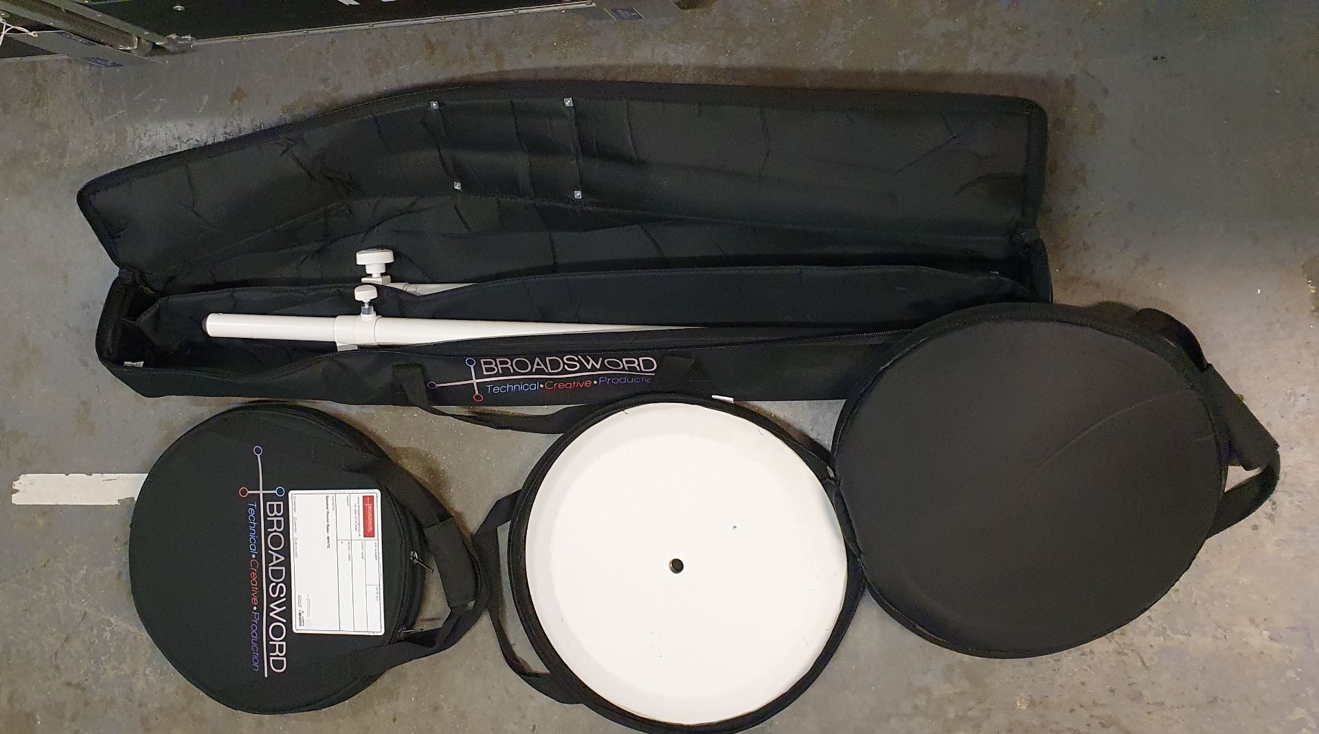 A Pair of K+M White Speaker Round Base Stands comprising: 2 poles and 2 bases with carry bags. - Image 2 of 2