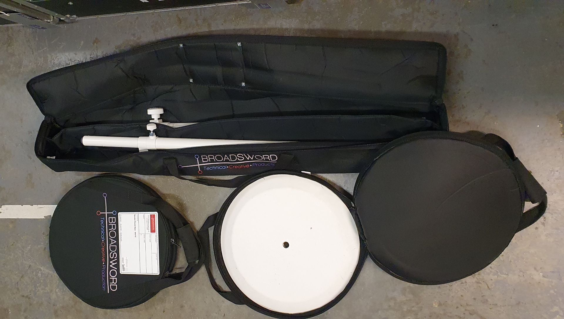 A Pair of K+M White Speaker Round Base Stands comprising: 2 poles and 2 bases with carry bags. - Image 2 of 2