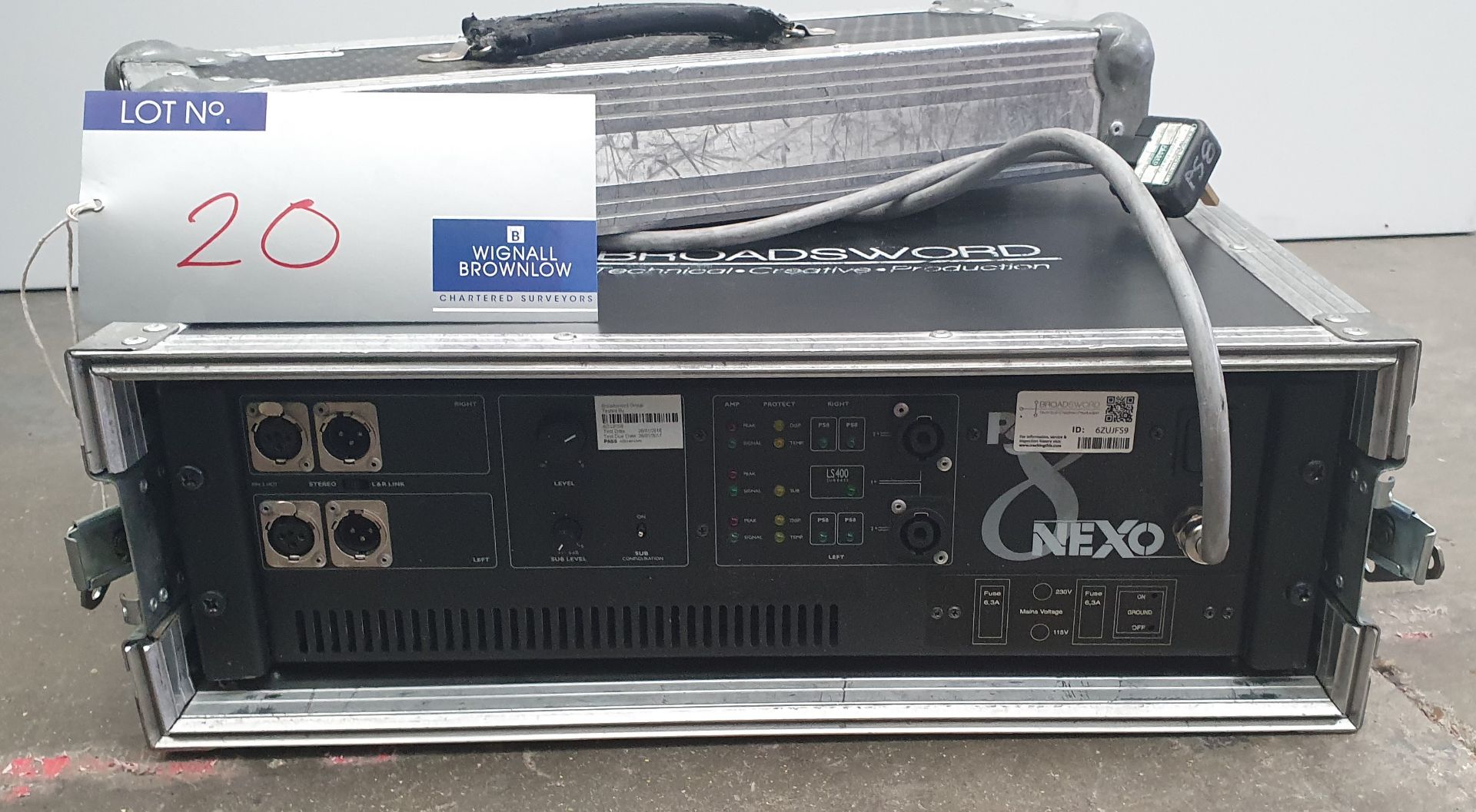 A Nexo PS8 Amplifier with flight case, 530mm x 530mm x 185mm (NB. heavy).