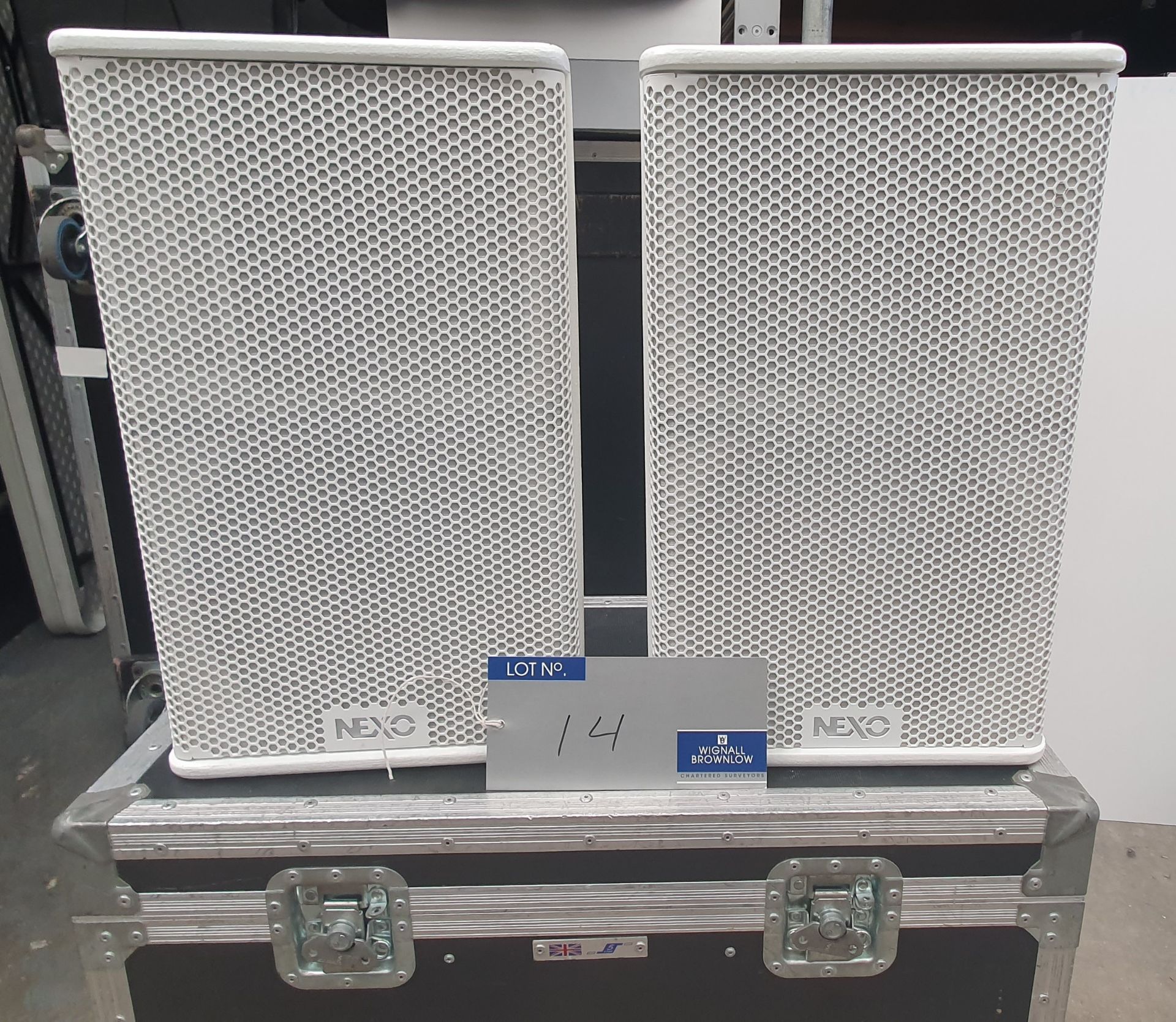 A Pair of White Nexo PS10 Full Range Loudspeakers with 5star mobile flight case.