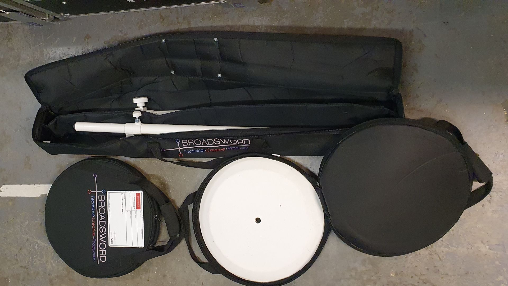 A Pair of K+M White Speaker Round Base Stands comprising: 2 poles and 2 bases with carry bags. - Image 2 of 2