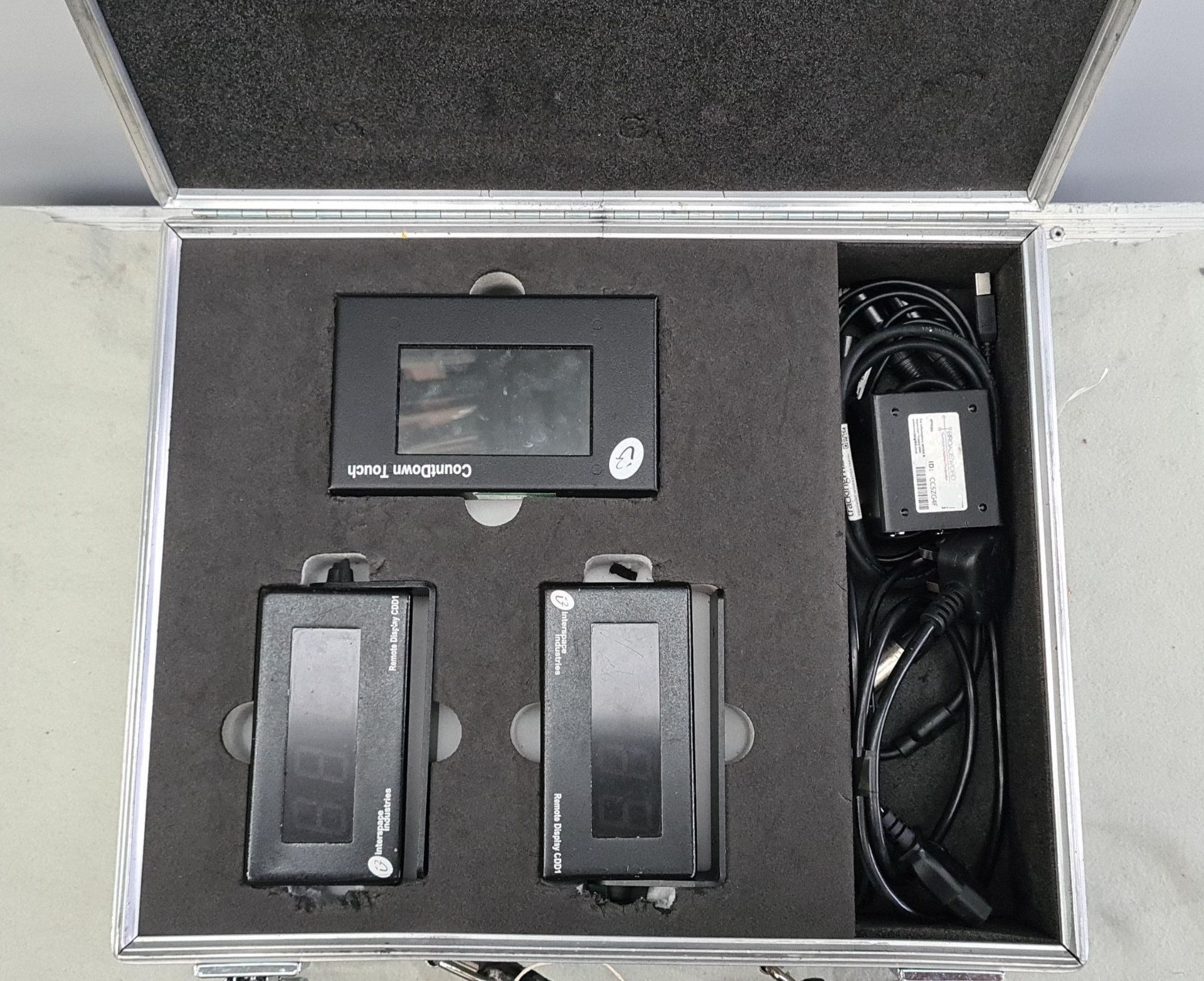 An Interspace Industries Countdown Touch Timer with Interspace flightcase, 2 CDD1 remote timer