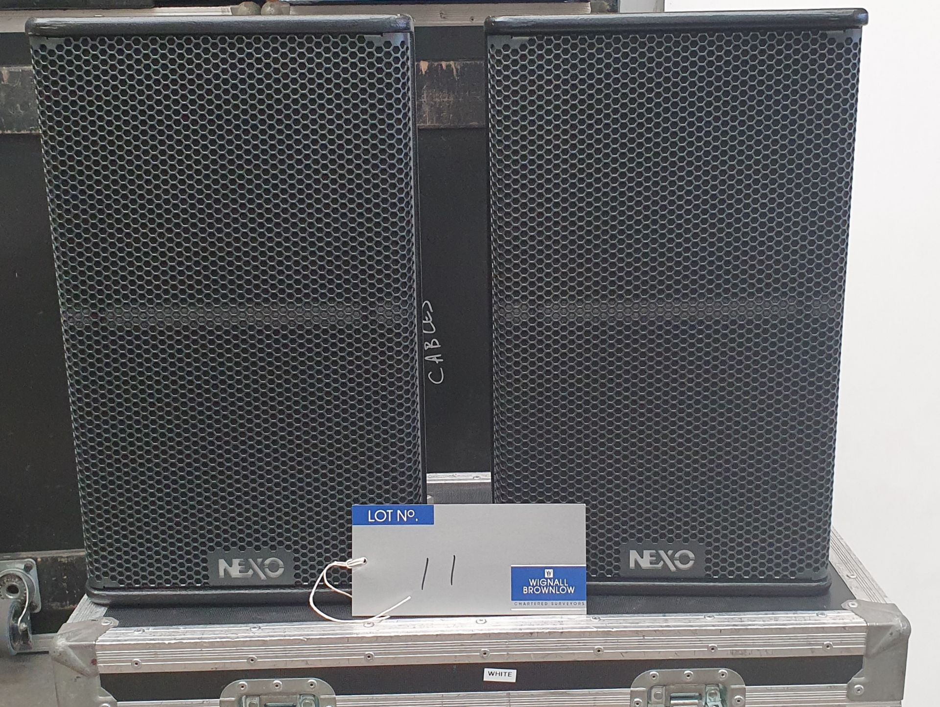 A Pair of Black Nexo PS10 Full Range Loudspeakers with mobile flight case.