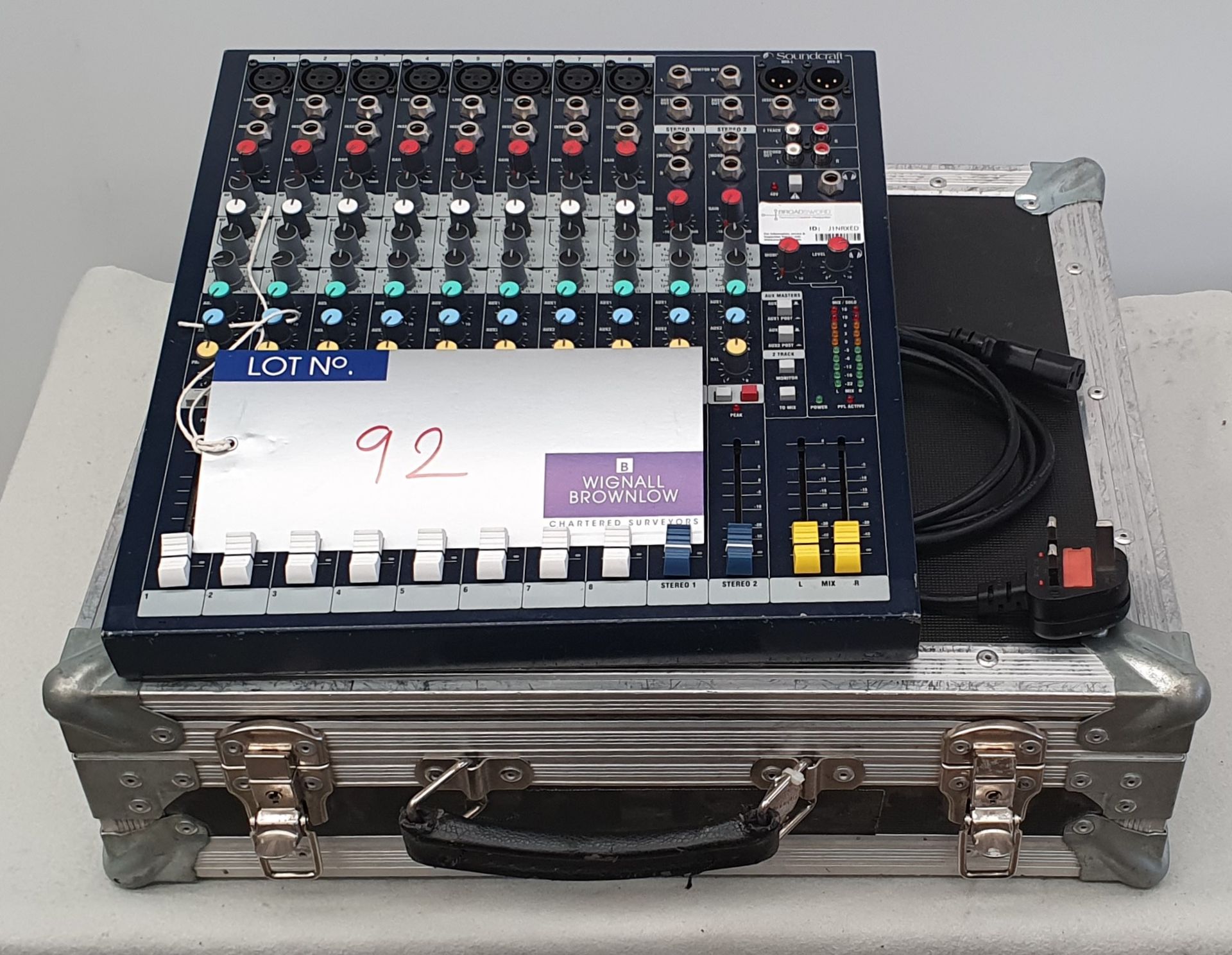 A Soundcraft EPM8 8 Channel Mixer Sound Mixing Desk with Road Ready Flight Case, 475mm x 390mm x
