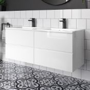 1200mm Trevia High Gloss White Double Basin Cabinet - Wall Hung. Comes complete with basin. Con...