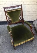 Antique Edwardian Mahogany Armchair Carved Back Green Velvet Padding