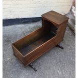 Antique Early 19th Century Oak Rocking Crib With Wooden Canopy