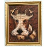 Art Framed Oil on Board Terrier Dog Painting. Signed Lockley Lower Right 1981