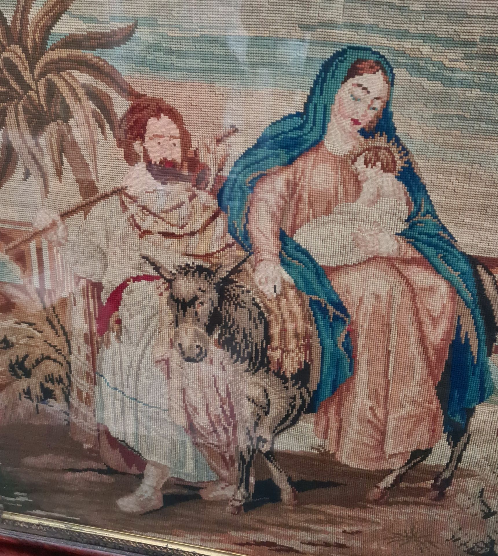 Antique Early Victorian Religious Tapestry Mary Joseph & Jesus - Image 2 of 4