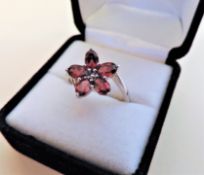 Sterling Silver Garnet Flower Shaped Ring