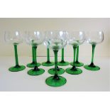 Set of 10 Vintage Green Stem Wine Glasses