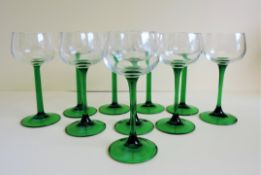 Set of 10 Vintage Green Stem Wine Glasses