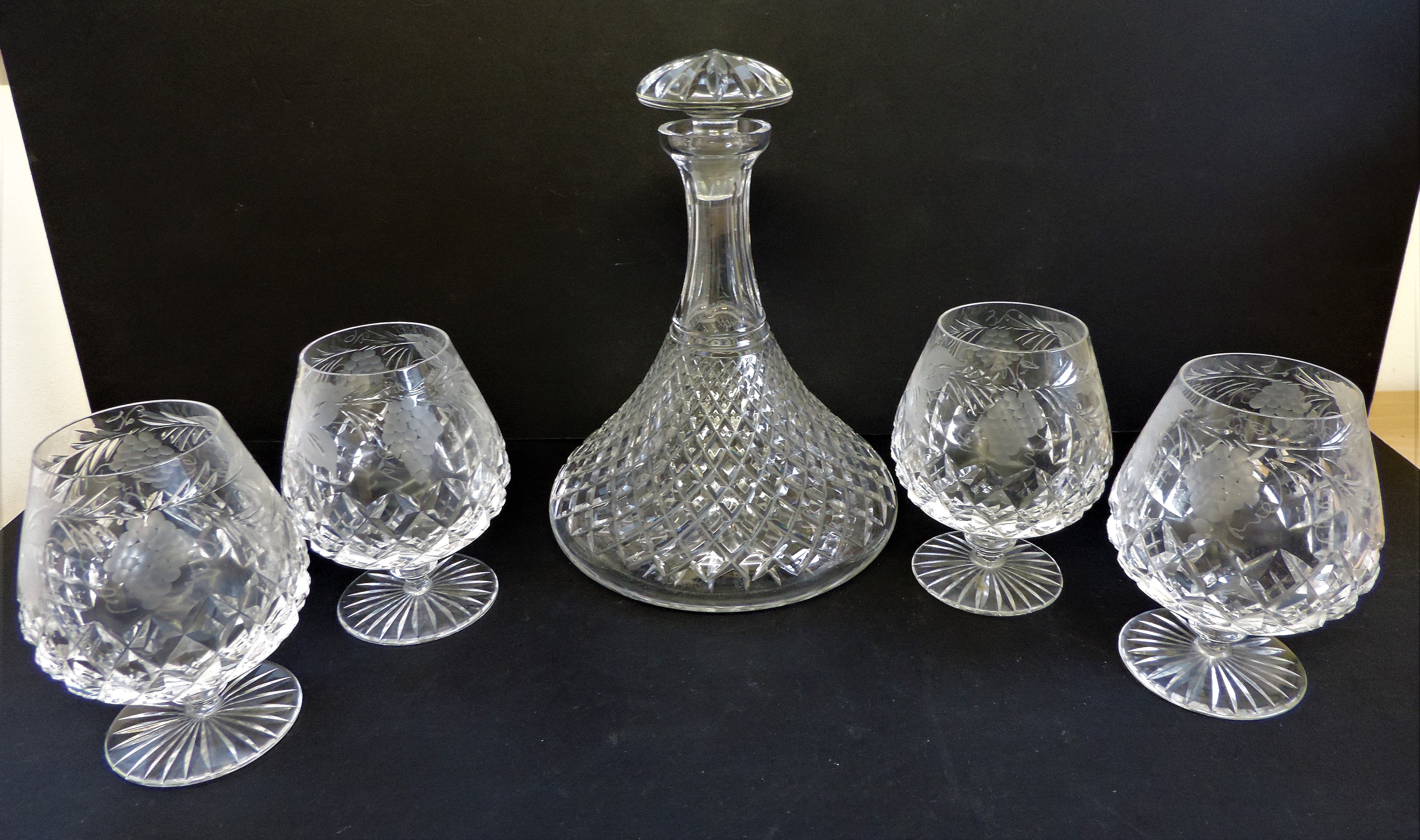 Vintage Etched Cut Crystal Brandy Balloons & Decanter - Image 4 of 10