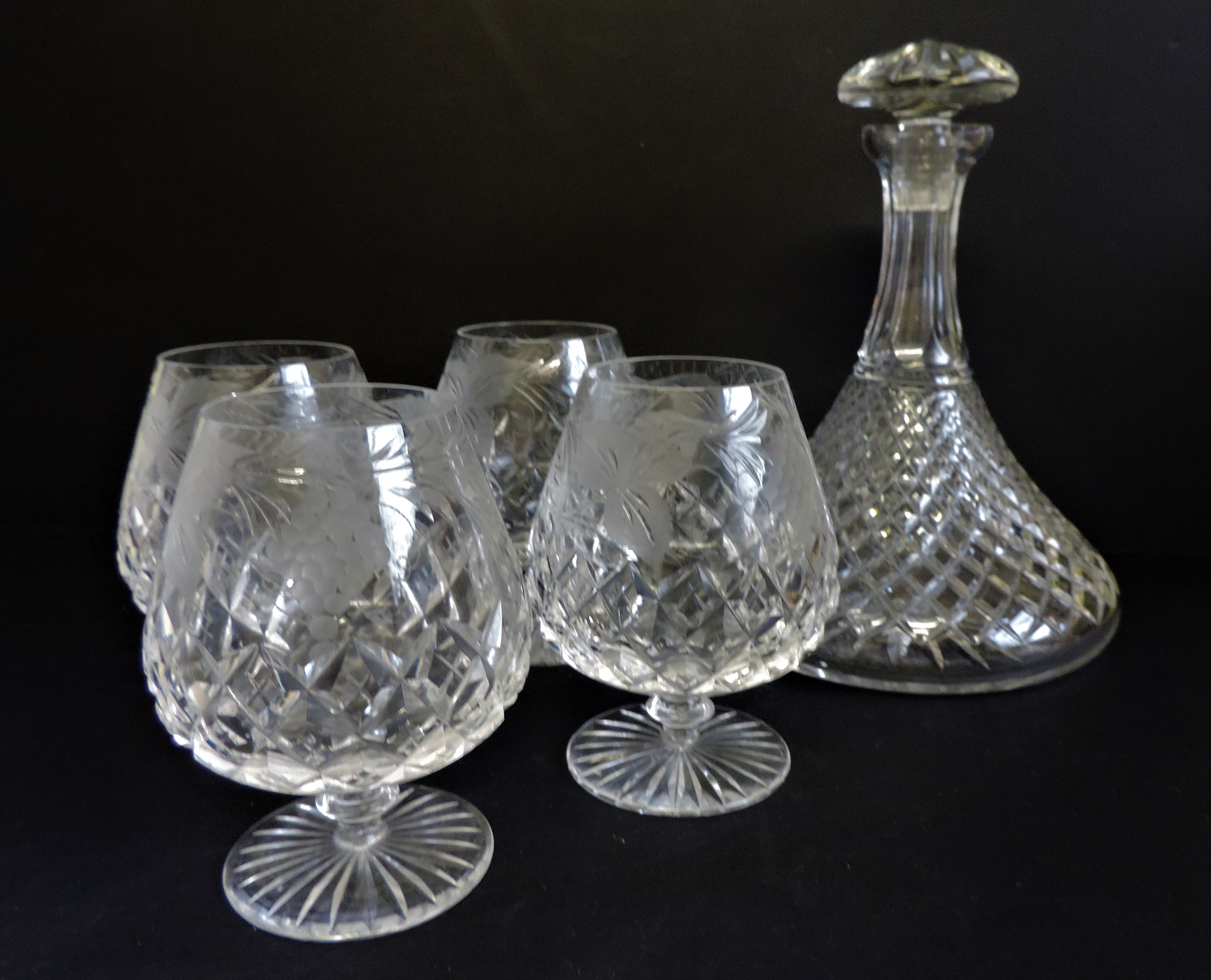 Vintage Etched Cut Crystal Brandy Balloons & Decanter - Image 2 of 10