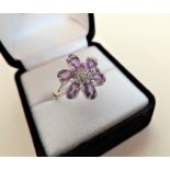 Amethyst & White Stone Flower Shaped Sterling Silver Ring