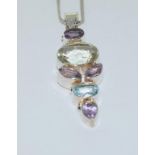 Large Amethyst & Topaz Silver Pendant