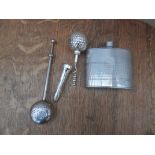 Pewter hip flask, golf tee corkscrew and a propelling tea bagholder
