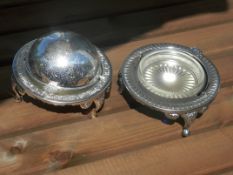 2 silver plate caviar dishes with domes and glass liners