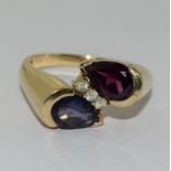 9Ct Gold Garnet & Tanzanite Designer Crossover Ring