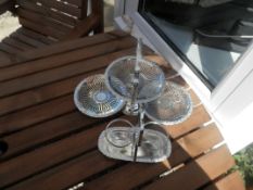 Silver plated 3 tier cake stand and a silver plated 2 space bottle carrier