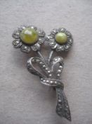 Vintage Silver Green Stone and Marcasite Set Brooch