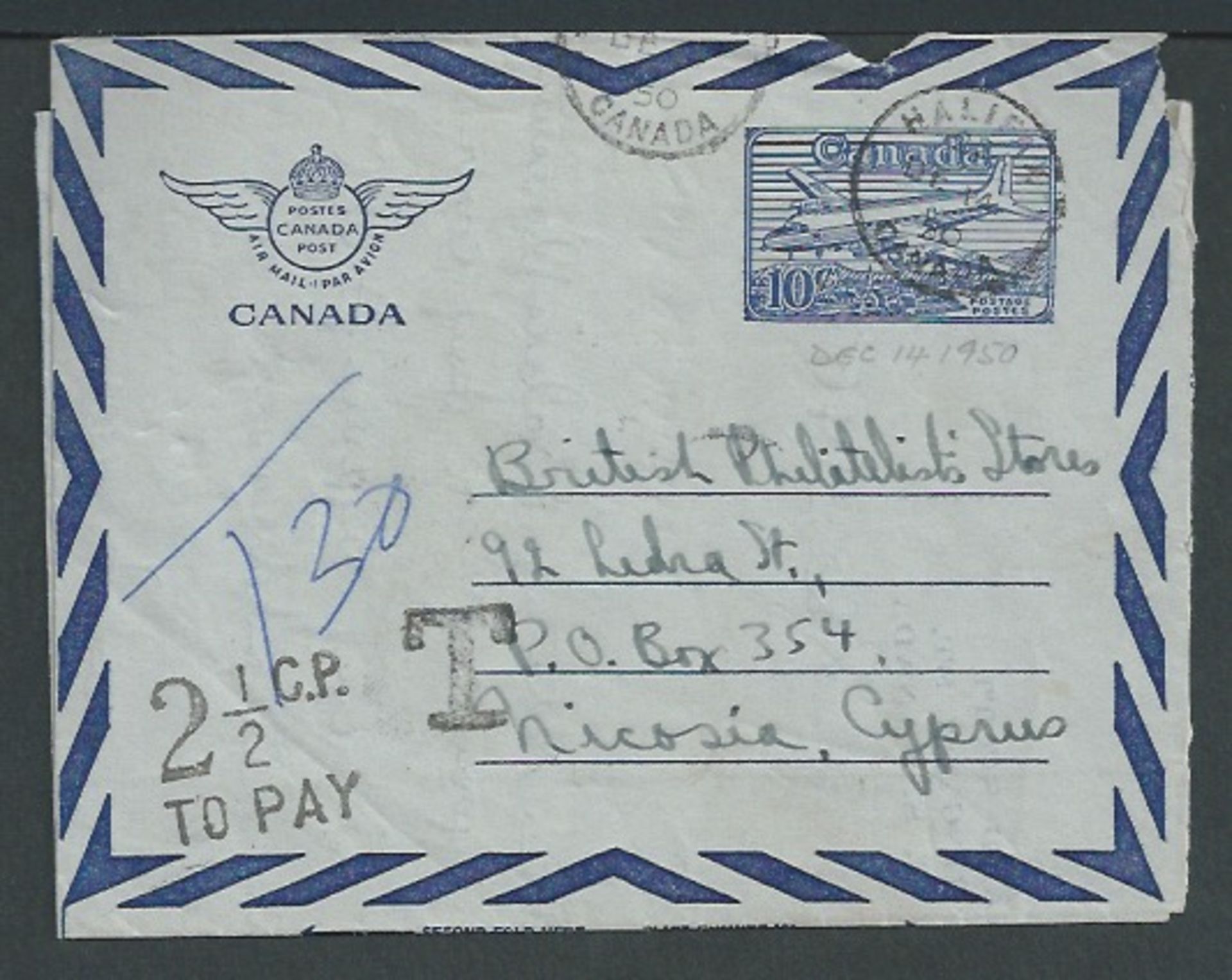 Cyprus 1950 Canada 10c air letter to Nicosia marked "T30", handstamped "T' and scarce "2.1/2C.P. /