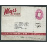 Australia 1946 King George VI 3/7d maroon Myers Emporium Food Parcel Label complete (small faults...