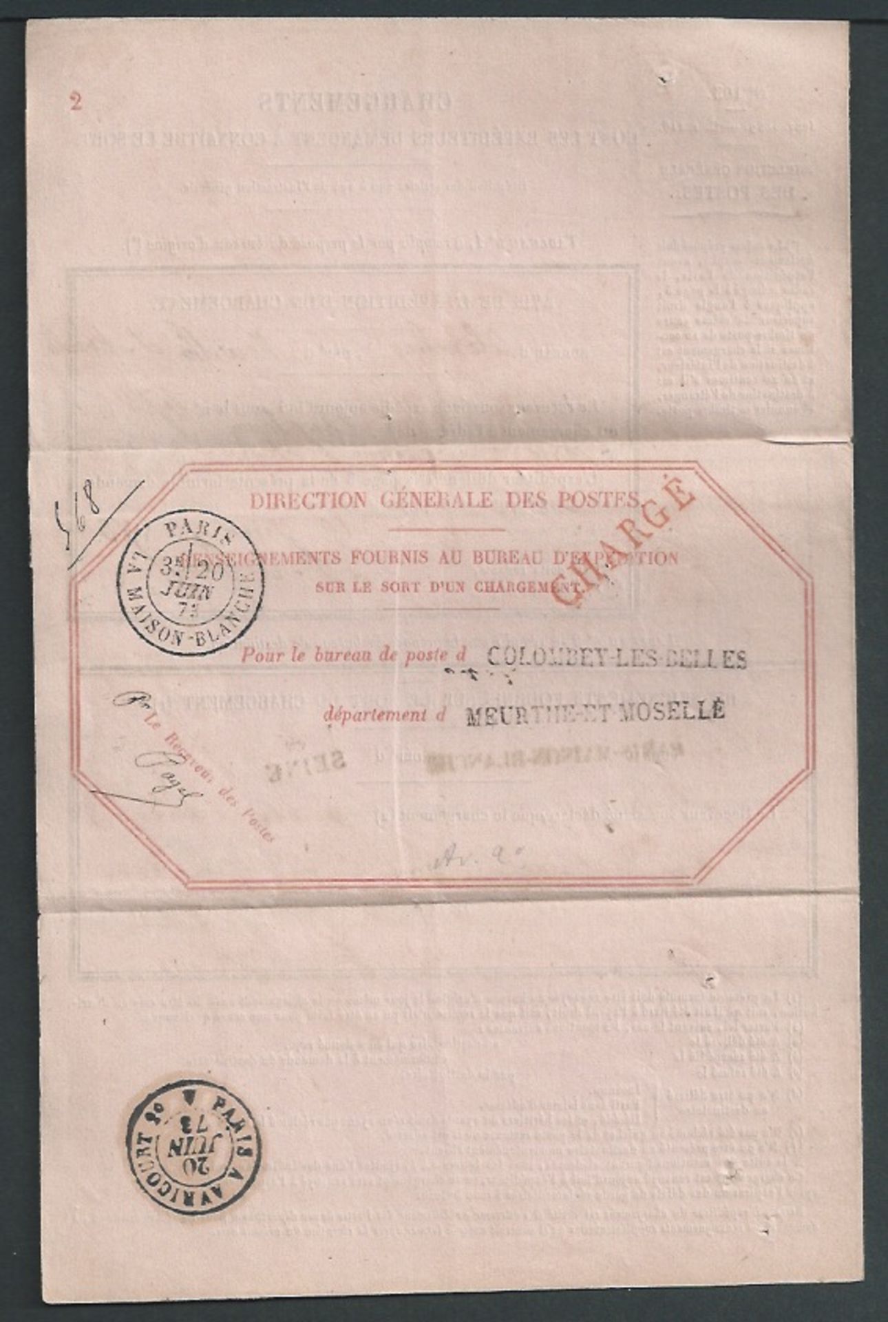 France 1873 Notice of Receipt of a registered letter franked 5c and 15c, the inside bearing various - Image 2 of 3