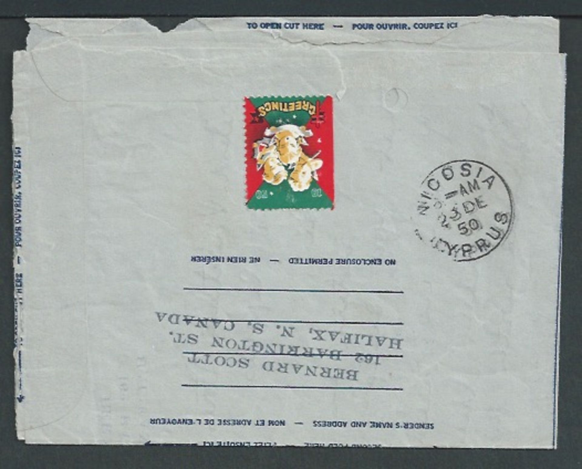 Cyprus 1950 Canada 10c air letter to Nicosia marked "T30", handstamped "T' and scarce "2.1/2C.P. / - Image 2 of 2