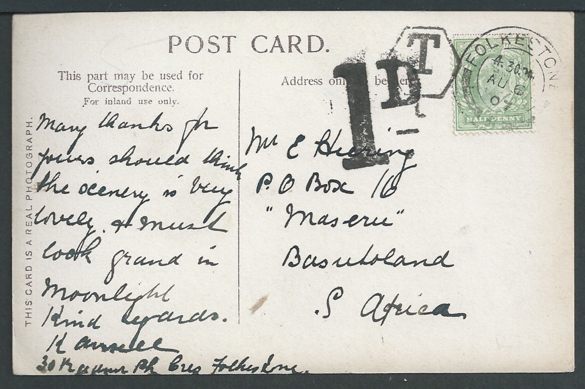 Basutoland 1907 Picture Post card sent from Folkestone to Maseru, Basutoland