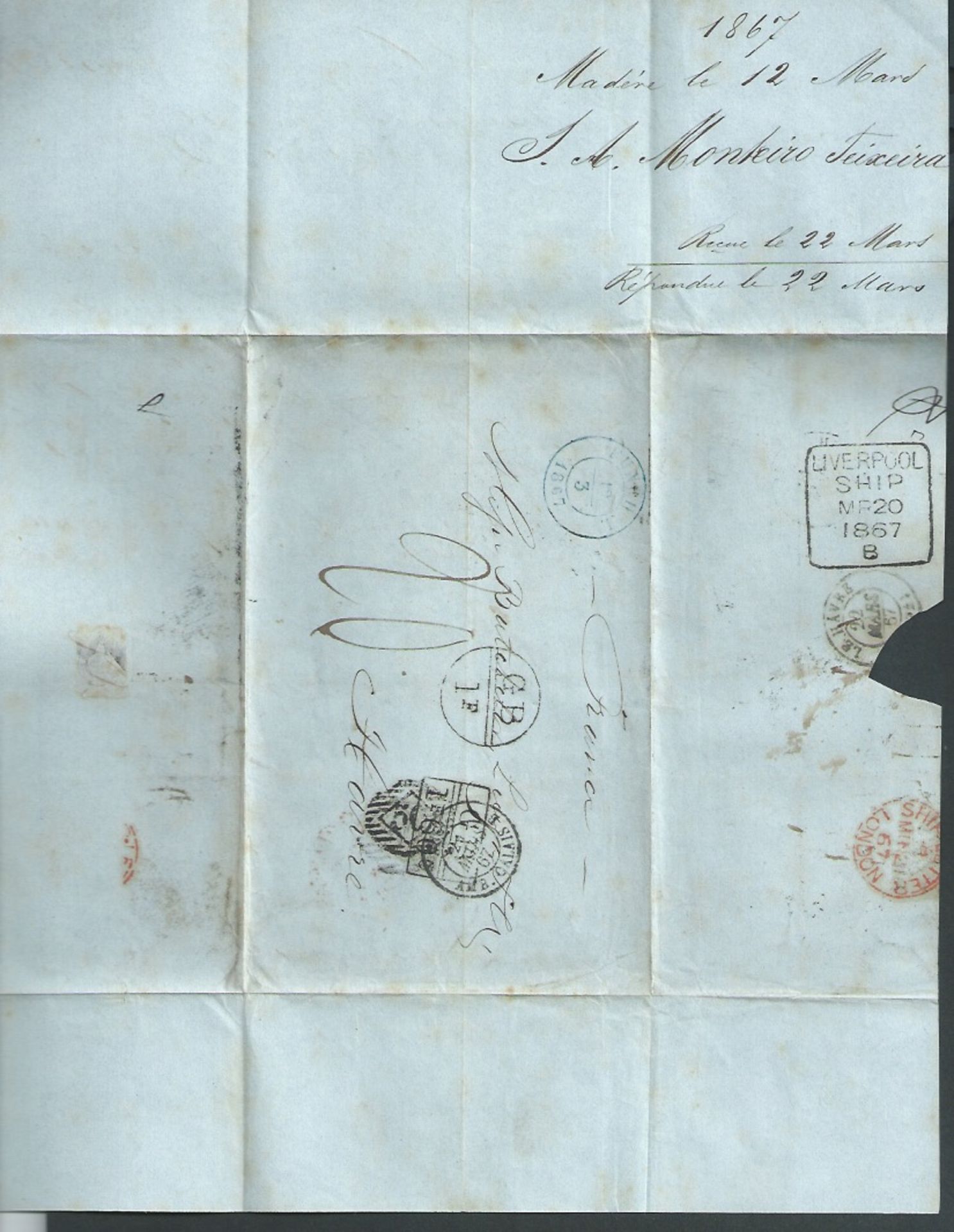 Accountant Marks / Madeira 1867 Entire from Maderia to France via England, with datestamps of "FUNCH - Image 4 of 4