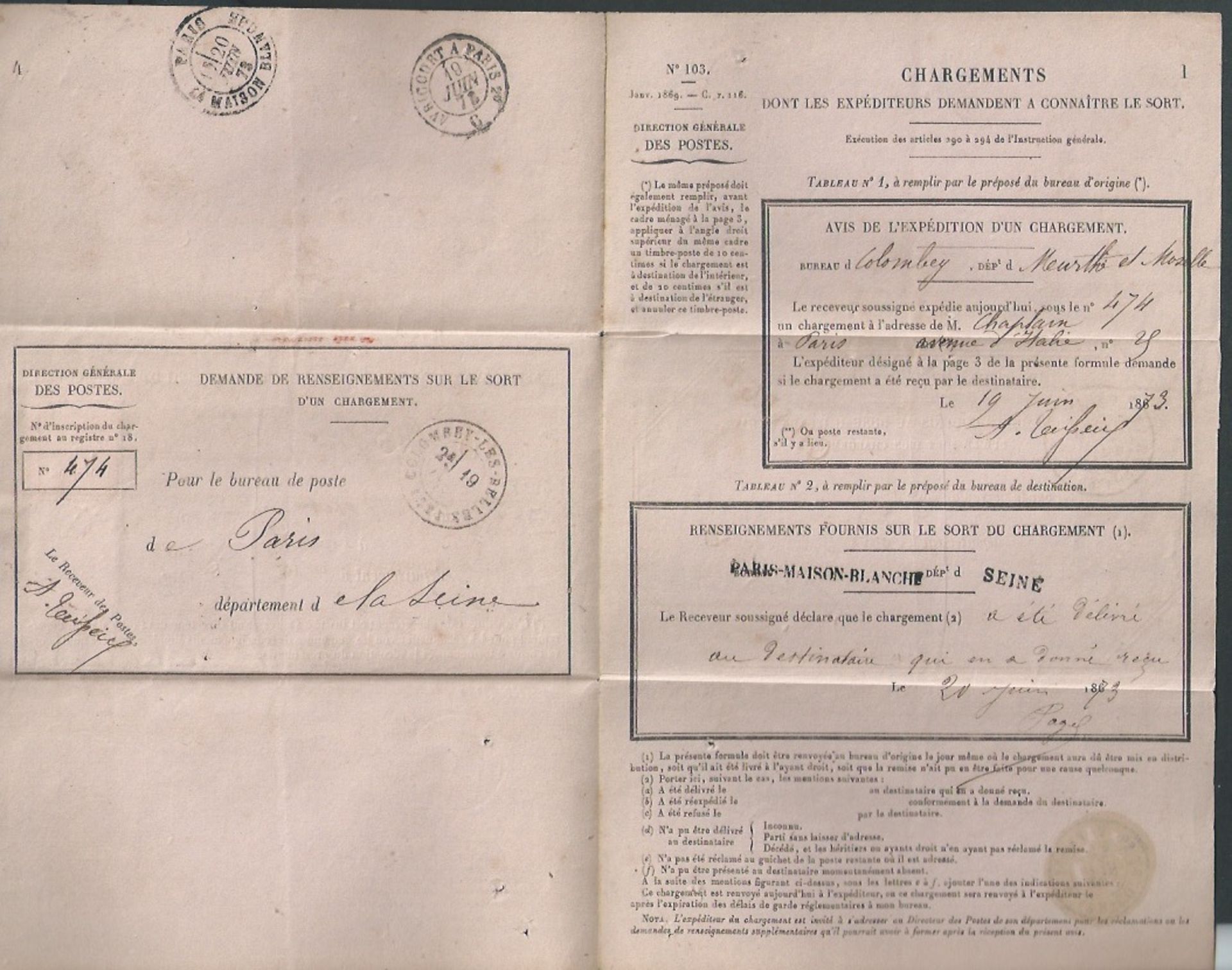 France 1873 Notice of Receipt of a registered letter franked 5c and 15c, the inside bearing various - Image 3 of 3