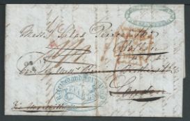 Malta 1847 Entire letter from Zante to Boston addressed via London, with blue oval "Received and Fo