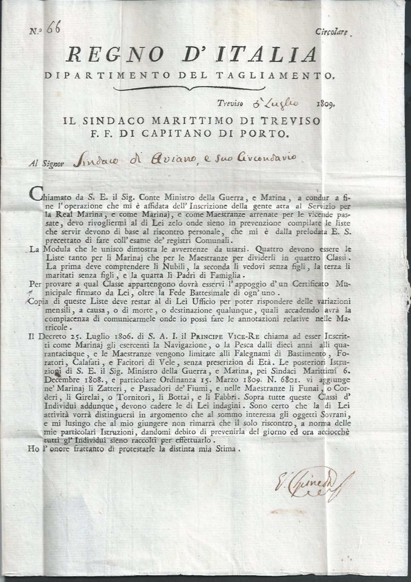 France / Italy 1809 Printed Circular from Treviso to Ariano with manuscript "Service Marittimo" and - Image 3 of 3