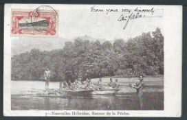 New Hebrides 1906 Picture postcard to England franked on the picture side by Syndicat Francais 25c