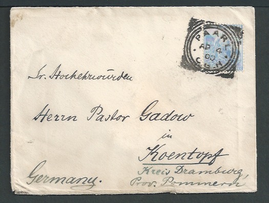 Cape of Good Hope - Wreck Mail 1900 (April 4) Cover franked 2 1/2d from Paarl to Germany, backstamp