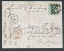 Lagos 1877 Cover to London franked 6d green tied by the uncommon "L' in a diamond of horizontal bars