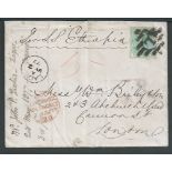 Lagos 1877 Cover to London franked 6d green tied by the uncommon "L' in a diamond of horizontal bars