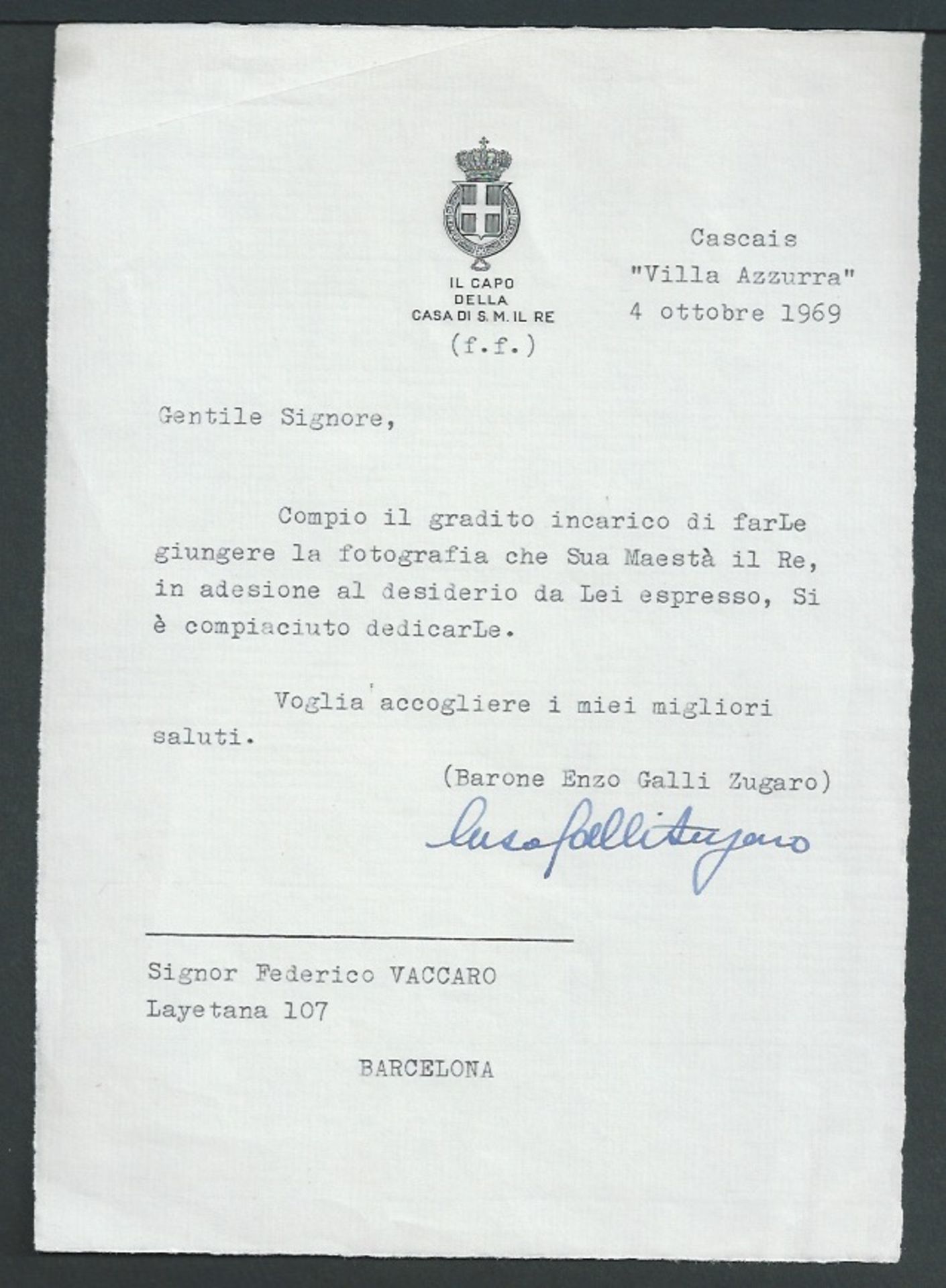 COCKTAIL PARTY INVITE & LETTER SPANISH MONARCHISTS BARONE GALLI ZUGARO 1969 Fine cocktail party in - Image 2 of 2
