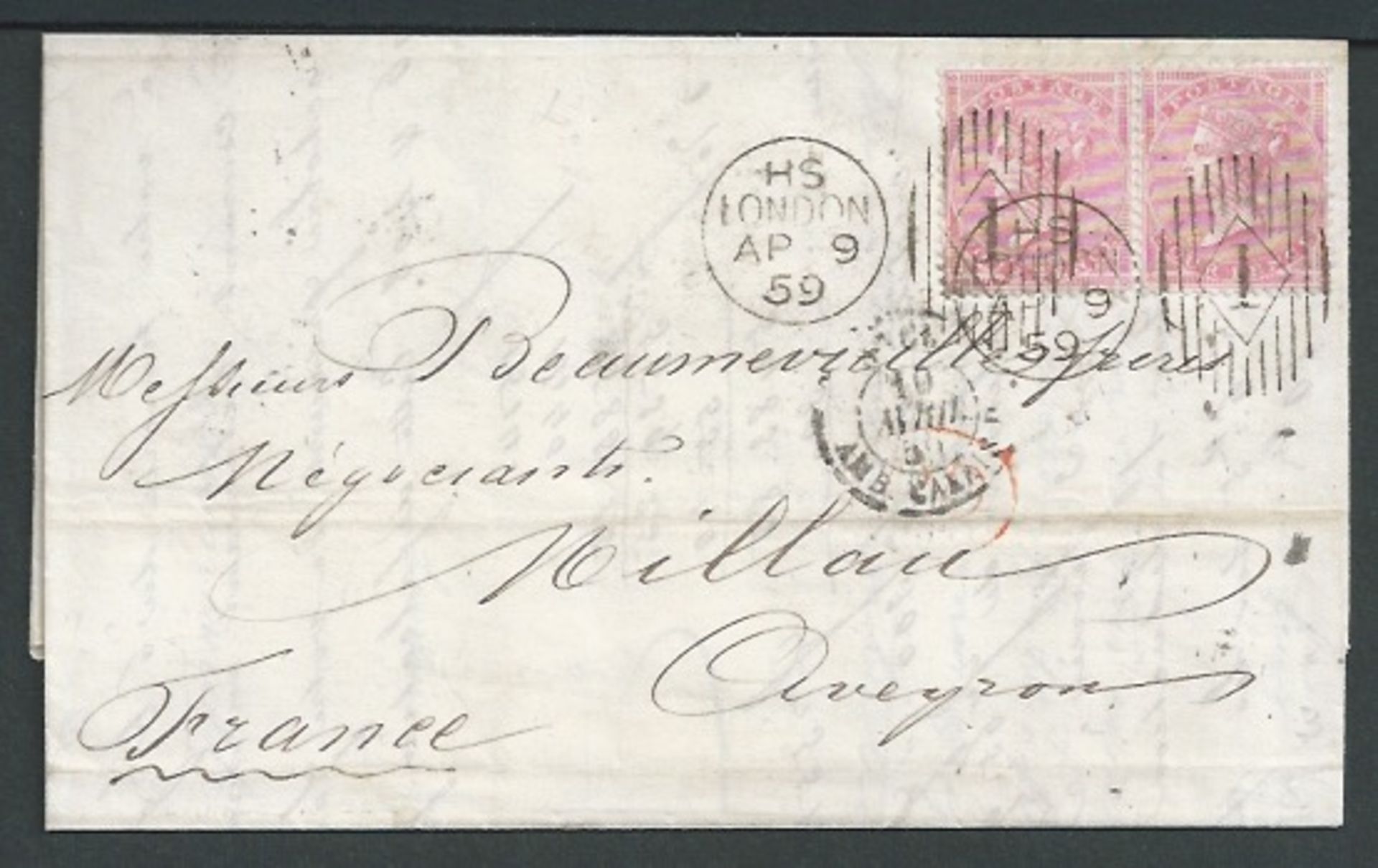 G.B. - Machines 1866 Entire letter to France franked 4d pair cancelled by Rideout machine duplex wit