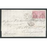 G.B. - Machines 1866 Entire letter to France franked 4d pair cancelled by Rideout machine duplex wit